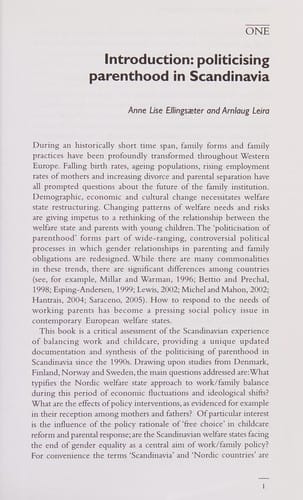 POLITICISING PARENTHOOD IN SCANDINAVIA: GENDER RELATIONS IN WELFARE STATES; ED. BY ANNE LISE.