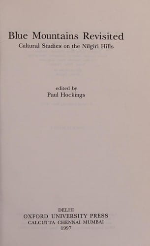 Blue mountains revisited: cultural studies on the Nilgiri Hills