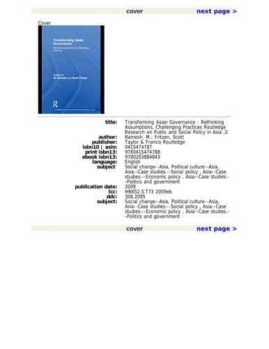 Transforming Asian Governance: Rethinking Assumptions, Challenging Practices