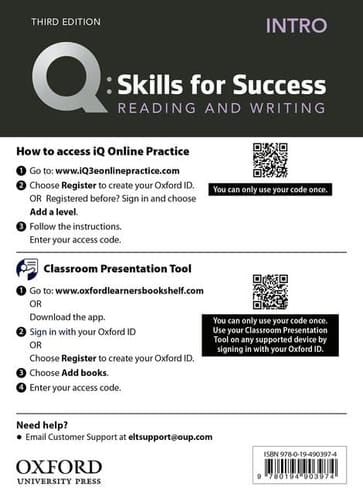 Q3e Intro Reading and Writing IQ and Classroom Presentation Tool: Teacher Access Code Card Pack