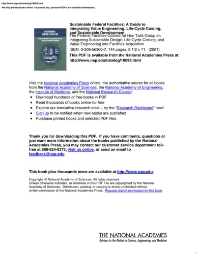 Sustainable Federal Facilities A Guide to Integrating Value Engineering, Life-Cycle Costing, and Sustainable Development