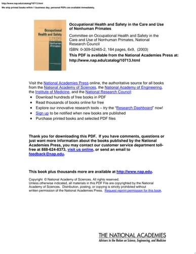 Occupational Health and Safety in the Care and Use of Nonhuman Primates