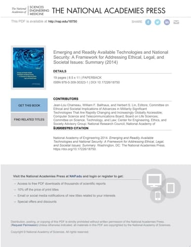 Emerging and Readily Available Technologies and National Security A Framework for Addressing Ethical, Legal, and Societal Issues: Summary
