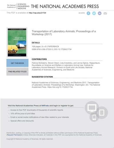 Transportation of Laboratory Animals Proceedings of a Workshop