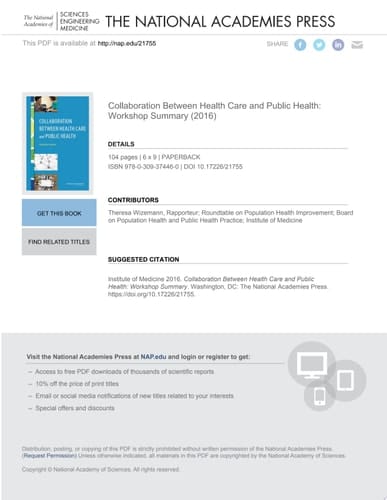 Collaboration Between Health Care and Public Health Workshop Summary