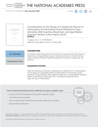 Considerations for the Design of a Systematic Review of Interventions for Preventing Clinical Alzheimer's-Type Dementia, Mild Cognitive Impairment, and Age-Related Cognitive Decline Letter Report