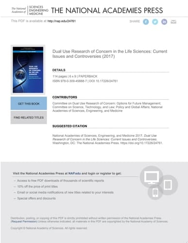 Dual Use Research of Concern in the Life Sciences Current Issues and Controversies