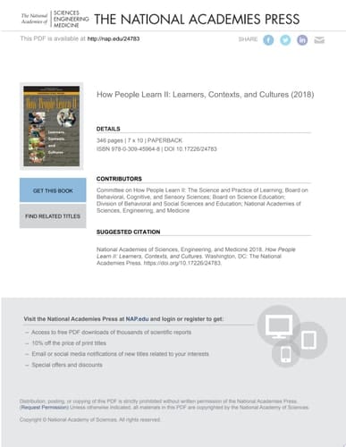 How People Learn II Learners, Contexts, and Cultures