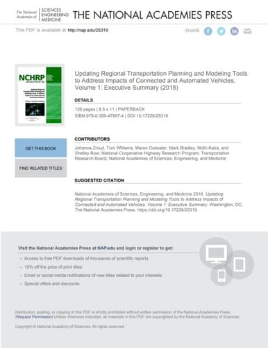 Updating Regional Transportation Planning and Modeling Tools to Address Impacts of Connected and Automated Vehicles, Volume 1: Executive Summary
