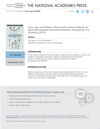 Care, Use, and Welfare of Marmosets as Animal Models for Gene Editing-Based Biomedical Research Proceedings of a Workshop
