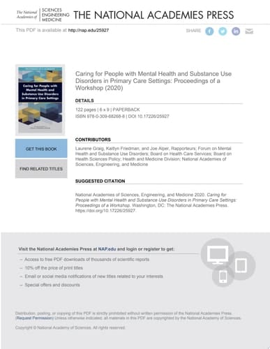 Caring for People with Mental Health and Substance Use Disorders in Primary Care Settings Proceedings of a Workshop