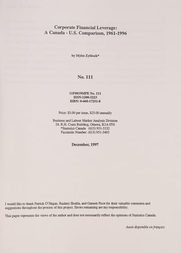 Corporate Financial Leverage [electronic Resource] : a Canada-U.S. Comparison, 1961-1996