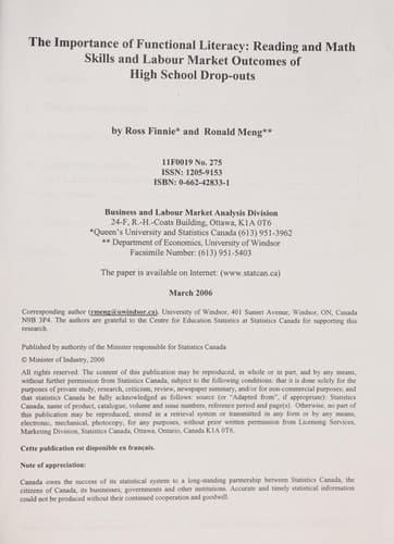 The Importance of Functional Literacy Reading and Math Skills and Labour Market Outcomes of High School Drop-outs