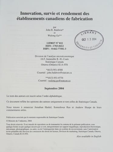 Innovation, survie et rendement des établissements canadiens de fabrication