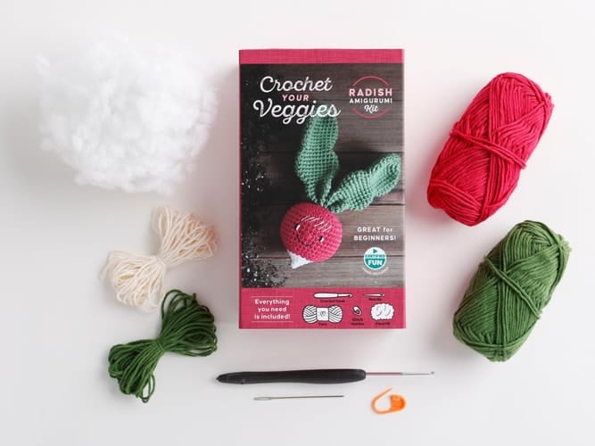 Crochet Your Veggies Amigurumi Kit Radish Everything You Need Is Included: 100%-Cotton Yarn, Crochet Hook, Stitch Marker, Tapestry Needle, Fiberfill, Step-By-Step Leaflet, and Exclusive Instruction Videos; Beginner Friendly!