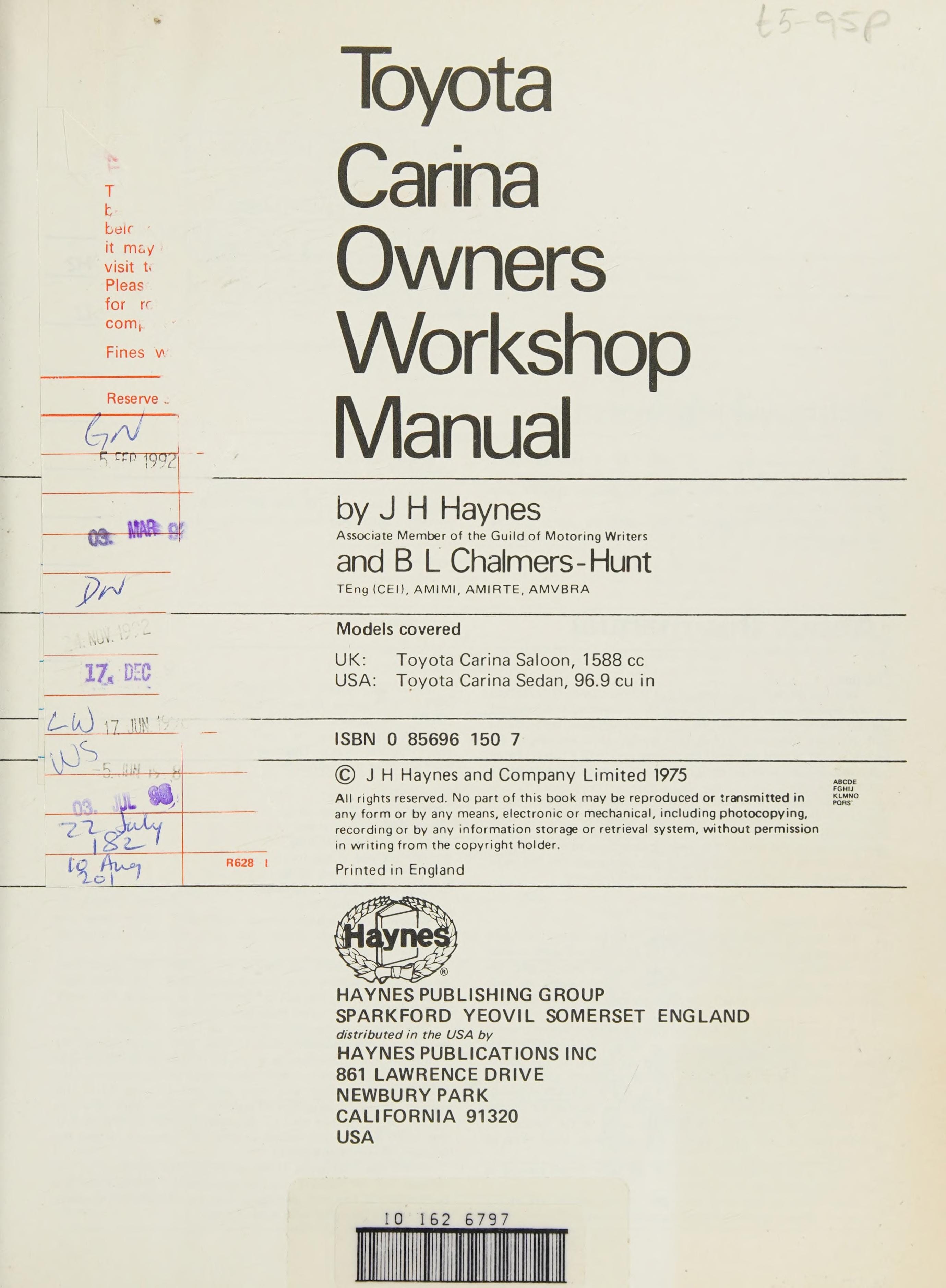 Toyota Carina Owners Workshop Manual
