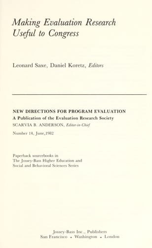 Making Evaluation Research Useful to Congress (JOSSEY BASS SOCIAL AND BEHAVIORAL SCIENCE SERIES)