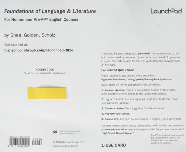 LaunchPad Access 1-use access card for Foundations of Language and Literature