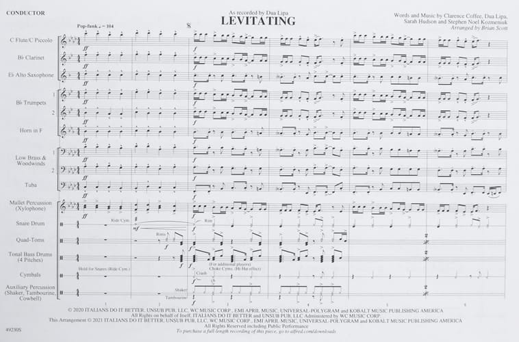 Levitating As Recorded by Dua Lipa, Conductor Score