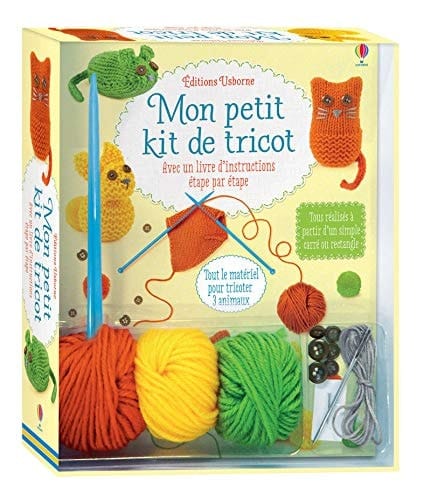 Mon petit kit de tricot Avec un livre d'instructions étape par étape. Contient : 3 pelotes de laines, des aiguilles à tricoter, 2 aiguilles à coudre, du fil, des boutons, du rembourrage