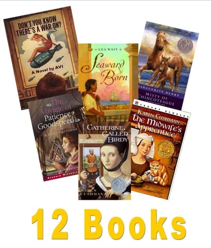 Historical Fiction Books: Catherine Called Birdy; Don't You Know There's a War Going On; the Voyage of Patience Goodspeed; Shadows on the Sea; a Gathering of Days; and One for All;