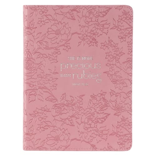 Christian Art Gifts Strawberry Pink Floral Vegan Leather Small Journal Inspirational Scripture Women's Notebook More Precious Than Rubies Bible Verse Proverbs 3:15, 240 Ruled Pages, Ribbon 5.7 X 7