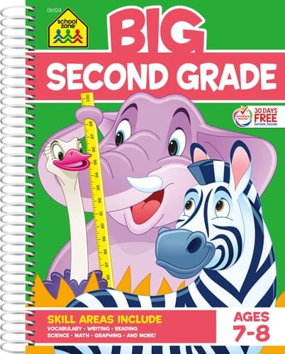 School Zone - Big Second Grade Workbook - 320 Spiral Pages, Ages 7 to 8, 2nd Grade, Word Problems, Reading Comprehension, Phonics, Math, Science, and More (Big Spiral Bound Workbooks)