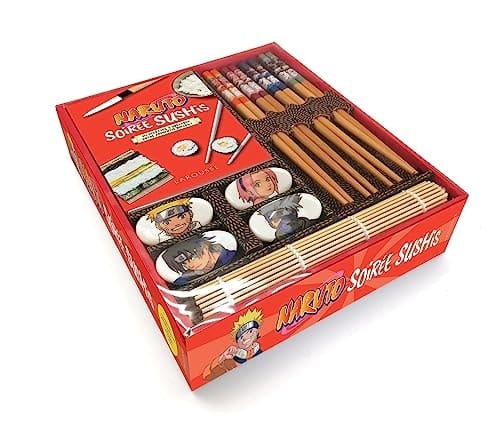 Soirée sushis Naruto Coffret avec 4 paires de baguettes, 4 repose-baguettes, 1 natte en bambou et 1 livret