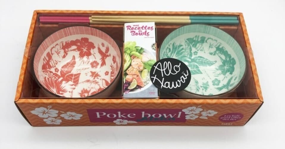 Poke bowls Aloha Ce coffret contient : 2 bols décorés, 2 paires de baguettes, 1 livre de recettes de bowls à composer