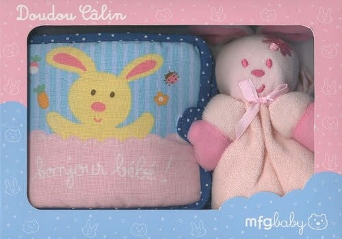 Boîte Doudou Câlin Lapin rose et livre tissu