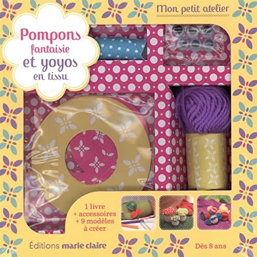 Pompons fantaisie et yoyos en tissu Avec 1 pelote de laine, 1 rond en tissu, 4 disques en carte imprimée et 3 paires d'yeux mobiles