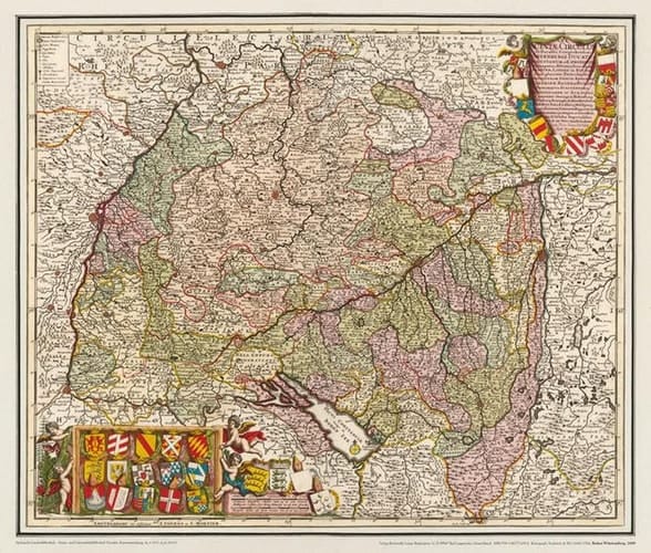 SRI Sueviae circulus et ducatus, comprehendens Wirtenbergi Ducatus Augustanum et Constanciae, Episcopatus, Abbatias Princinpales Kempten, Lindau et Buchau cum plurimis particularibus, praeposituram princip ; Elwangen Marchion, Baden et Burgou, Principatus Furstenberg, Hohenzollern et Aursperg, Comitatus Oetingen, Hohenberg Nellenburg, Koningseck, Montfort, Zultz, Hohen-Ems, Rechberg, Waldpurg, Pappenheim, etc, ditionem Fuggerorum, et Baronatus justingen et Gerolseck, cum 31 urbibus imperialibus