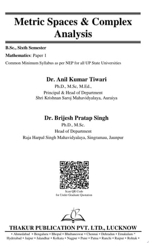 Mathematics ( Paper 1 ) Metric Spaces & Complex Analysis e-Book for B.Sc 6th Semester Common Minimum Syllabus as per NEP for all UP State Universities