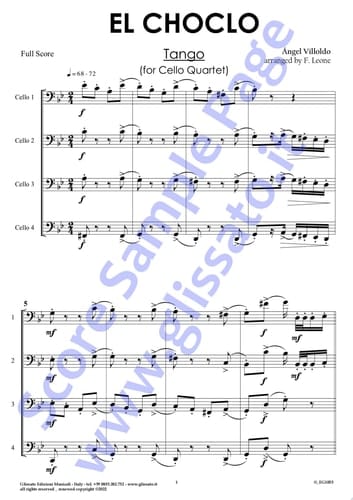 Cello 2 part of "El Choclo" for Cello Quartet Tango