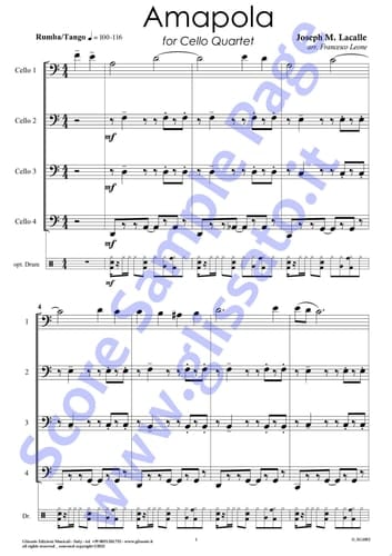 Cello 3 part of "Amapola" for Cello Quartet Tango/Rhumba