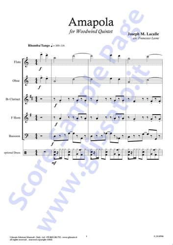 French Horn in F part of "Amapola" for Woodwind Quintet Tango/Rhumba