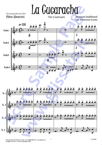 Flute 2 part of "La Cucaracha" for Flute Quartet The Cockroach