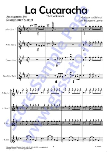 Bb Soprano Sax (instead Alto Sax) part of "La Cucaracha" for Saxophone Quartet The Cockroach