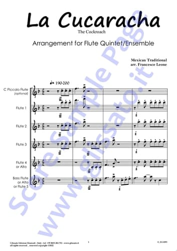 C Flute 1 part of "La Cucaracha" for Flute Quintet/Ensemble The Cockroach