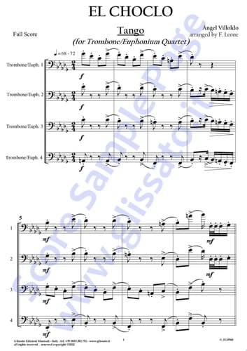 Trombone/Euphonium 4 part of "El Choclo" for Quartet Tango