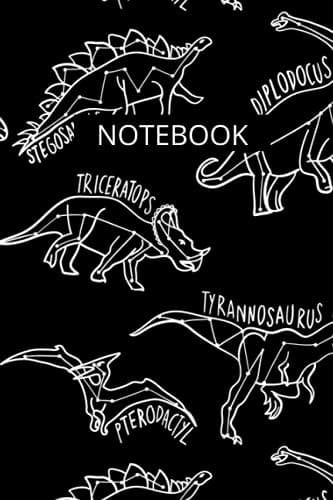 NOTEBOOK: Dinosaur Notebook For Kids, Children, Girls, Boys, Teenagers: Hand drawn white outline dinosaurs with labels pattern/6X9 120