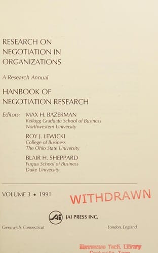 Research on Negotiation in Organizations: Handbook of Negotiation Research