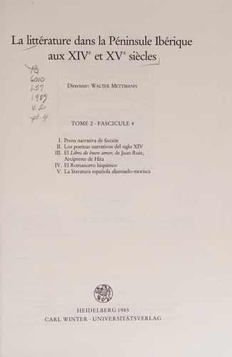 La Littérature dans la péninsule ibérique aux XIVe et XVe siècles