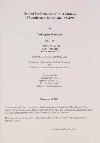 School performance of the children of immigrants in Canada, 1994-98