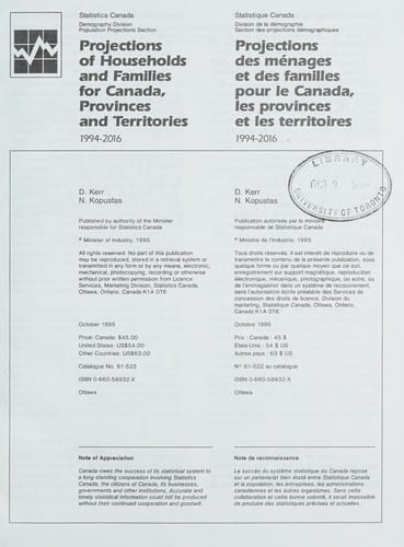 Projections of households and families for Canada, provinces and territories, 1994-2016 =