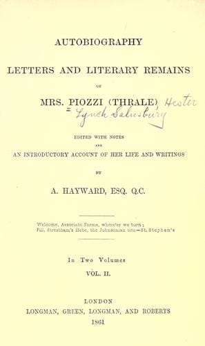 Autobiography, letters and literary remains of Mrs. Piozzi (Thrale)