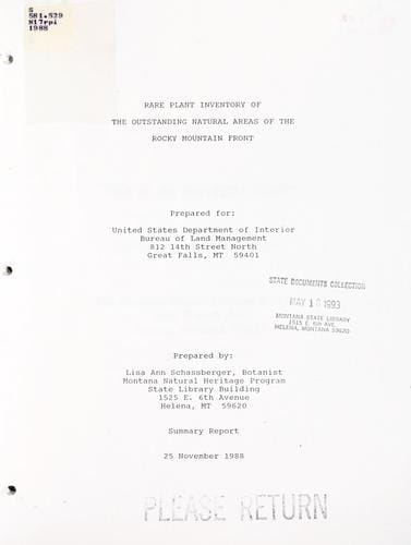 Rare plant inventory of the outstanding natural areas of the Rocky Mountain Front