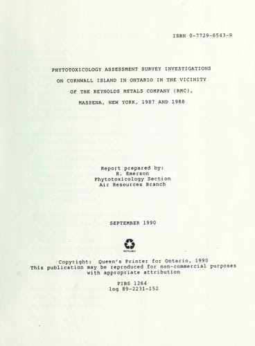 Phytotoxicology assessment survey investigations on Cornwall Island in Ontario in the vicinity of the Reynolds Metal Company (RMC) Massena, New York, 1987 and 1988