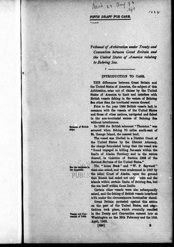 Tribunal of Arbitration under treaty and convention between Great Britain and the United States of America relating to Behring Sea; fifth draft for case