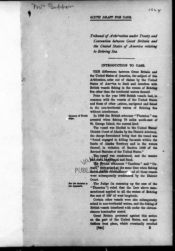 Tribunal of Arbitration under treaty and convention between Great Britain and the United States of America relating to Behring Sea; sixth draft for case